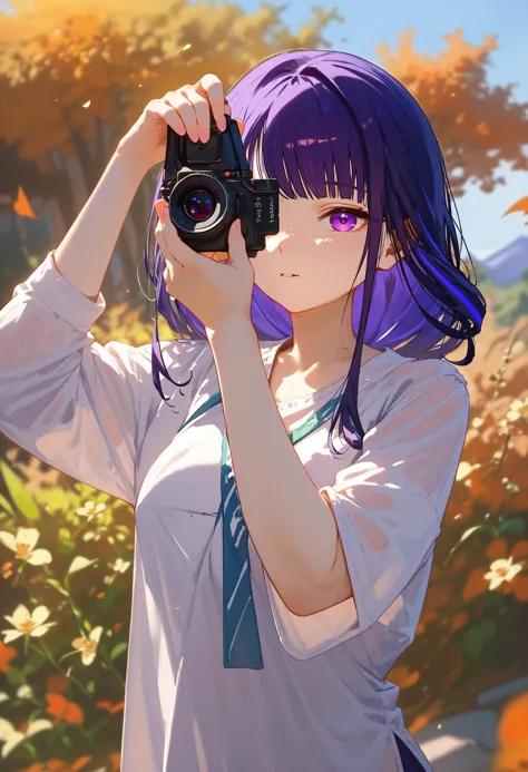 anime girl with purple hair taking a picture with a camera