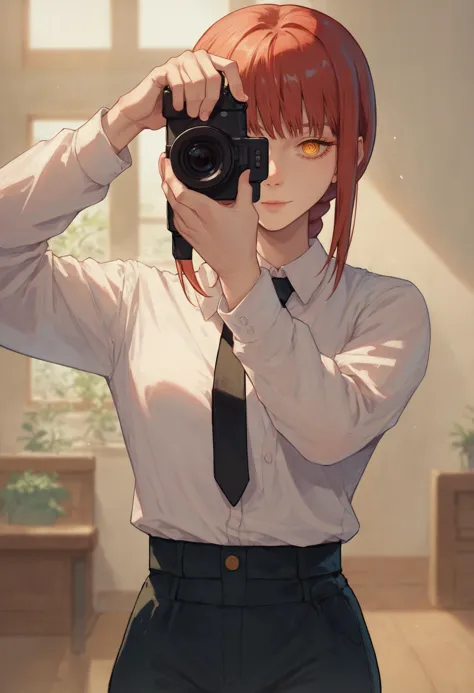 anime girl taking a picture with a camera in a room