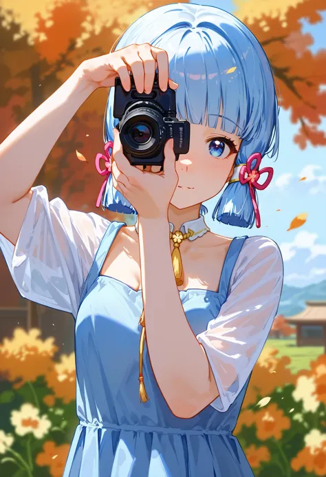 anime girl with blue hair taking a picture with a camera