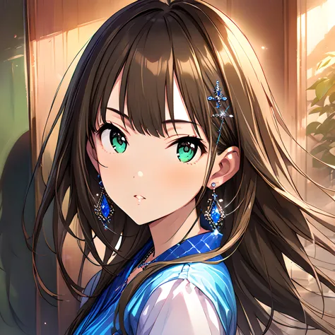 (masterpiece),(best quality),(ultra-detailed),(best illustration),(best shadow),(absurdres),(detailed background),(very aesthetic),  rin shibuya, 1girl, solo, brown hair, jewelry, long hair, earrings, looking at viewer, green eyes, parted lips, hair ornament, portrait,  <lora:rinshibuyav1:1>