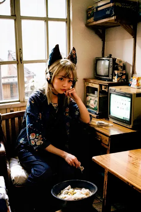 masterpiece, best quality, indoors, 1girl,sitting, animal ears, japanese clothes, blonde hair, long hair