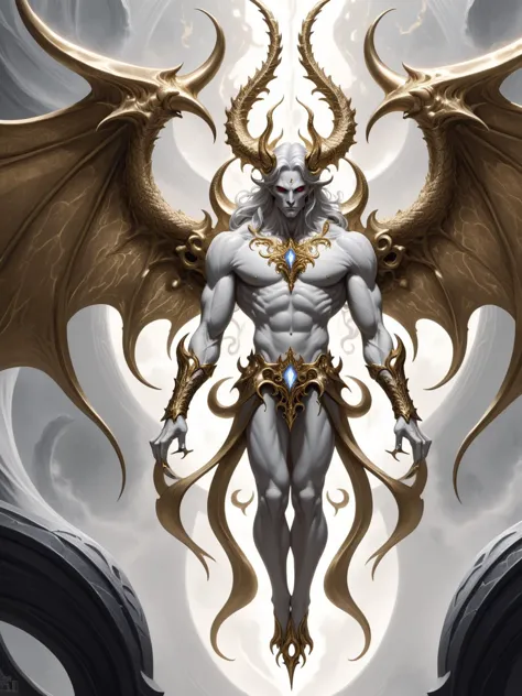 a drawing of a male demon with large horns and gold wings