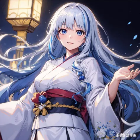 best quality, masterpiece,1girl,white hair, blue streaked hair,light smile, curtsey,long hair, japanese clothes,