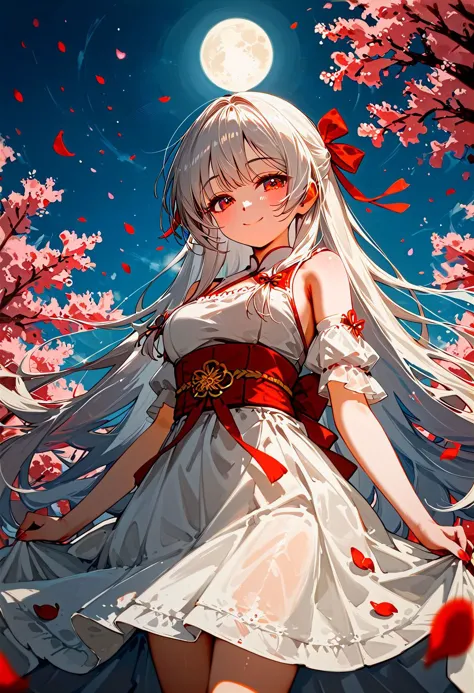 score_9, score_8_up, score_7_up,  1girl, red and white traditional dress, large hair ribbon, smile, miko flowers, moon, petals, ...