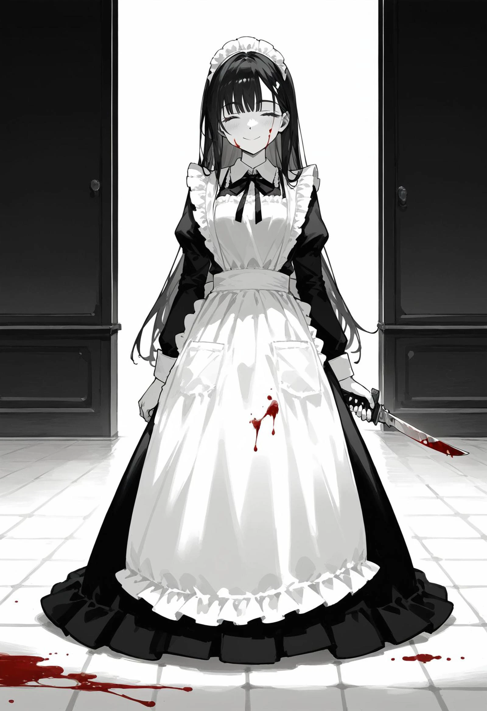 score_9, score_8_up, score_7_up, artistic image of a smiling maid, minimalistic style, (monochrome, black and white, grayscale, manga lineart), detailed face,  standing, [full body], (feet out of frame, close up), long hair, black hair, side bangs, ((closed eyes)), looking at viewer, smile, smiling,  maid dress, black dress, long dress, very long skirt, long sleeves,  frills,  apron, maid apron, waist apron, white apron, long apron, frilled apron,  neck ribbon, large ribbon,  holding a dish, (holding a knife), ((black stains on apron, black stains on floor, black stains on face, ink trail on a floor)),  from the front, (masterpiece, best quality, highres, minimal details, extremely clear, 8k, high resolution scan:1.0), (simple background, white background)   BREAK  line art drawing, flat coloring, cel shaded, cel shading, illustration, vector illustration, vector coloring, a blend of light and shadow. masterpiece, absurdres,  intricate details, professional, sleek, minimalist, graphic, line art, vector graphics, , ;