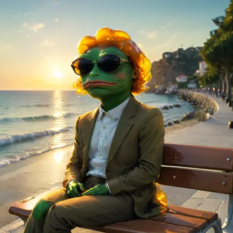 ambr1 acidzline pepe_frog relaxing on a bench, promenade near the ocean, suit, sunglasses, lighting creates a peaceful atmospher...