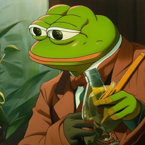 pepe_frog, portrait of a Deliriously happy and screaming Kermit the frog in Society (1989), highly detailed, centered, solid col...