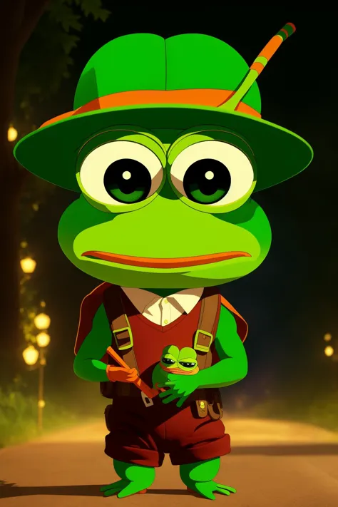 a cartoon frog with a hat and a cane standing in the street