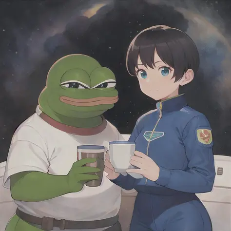 ((pepe_frog)) ((boy person)), a female in space suit on space station, in weightlessness, holding a cup, photorealistic, intricate details, hdr, antialiased, 8k, syd mead, sharp details, vallejo, little smile, illustration, artgerm, donato giancola, Joseph...