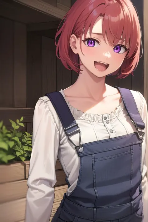 anime girl with red hair and blue overalls standing in front of a building