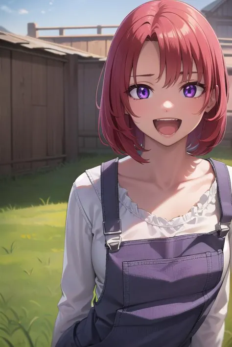 anime girl with red hair and purple eyes standing in front of a house