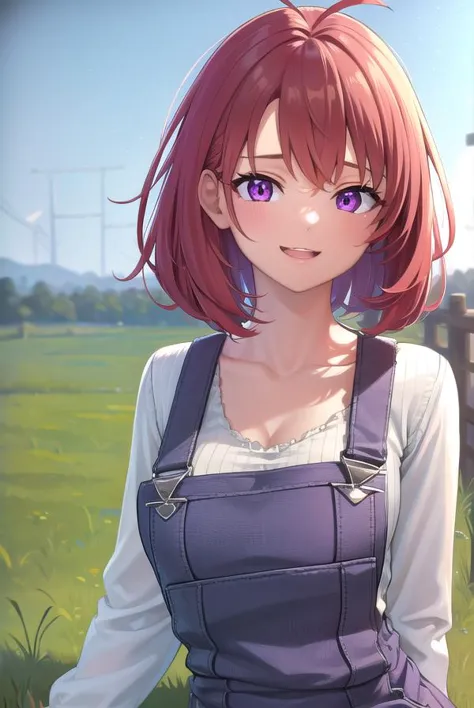 anime girl with red hair and purple eyes standing in a field