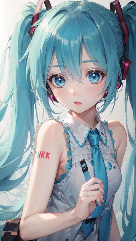 anime girl with blue hair and blue tie holding a cell phone