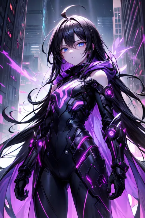 finely detail, Depth of field, masterpiece, extremely detailed CG unity 8k wallpaper, best quality, high resolution illustration, Amazing, highres, intricate detail, best illumination, best shadow, an extremely delicate and beautiful,\n\n city, bokeh, dust particles, sunray streams, cyberpunk \n\n 1girl, black hair with purple streaks, ahoge, absurdly long hair, blue eyes, solo, looking_at_viewer, expressionless eyes, pale skin, flat chest, half-closed eyes, purple coat, cold attitude, empty eyes, monochrome, eerie, despise, sharp eyes, futuristic, armored, neon light, cyberpunk, bodysuit, gauntlets, purple energy, destruction, bare shoulders <lora:add_detail:1> <lora:r1ge - AnimeRage:0.3>
