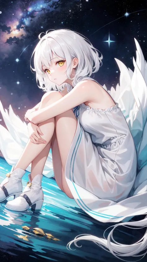 1girl, white hair, yellow eyes, white long dress, (curled up:1.2), profile, hugging own legs, looking at viewer, \nfull body, depth of field, \nfloating in the universe, The universe, the stars
