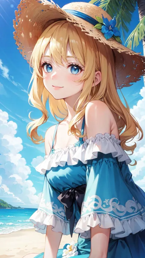 rococo style,(movie poster:1.2), soft lighting, (dramatic angle:1.25),(solo:1.4), (1girl),((blonde hair), long curly hair), blue eyes, (smile),beach straw hat, (off-shoulder shirt), hat flower ,(looking to the side:1.3), fantastic colorful, sea ,coconut tr...