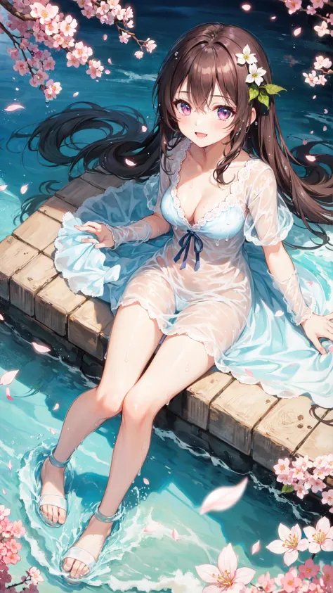 1girl, solo, ((liquid clothes)),\n(water), water drop, small breasts, see-through_dress,\ncherry blossoms,, falling petals, cleavage,  from above,\nshuimo, river, bare legs, light smile, (splashing),
