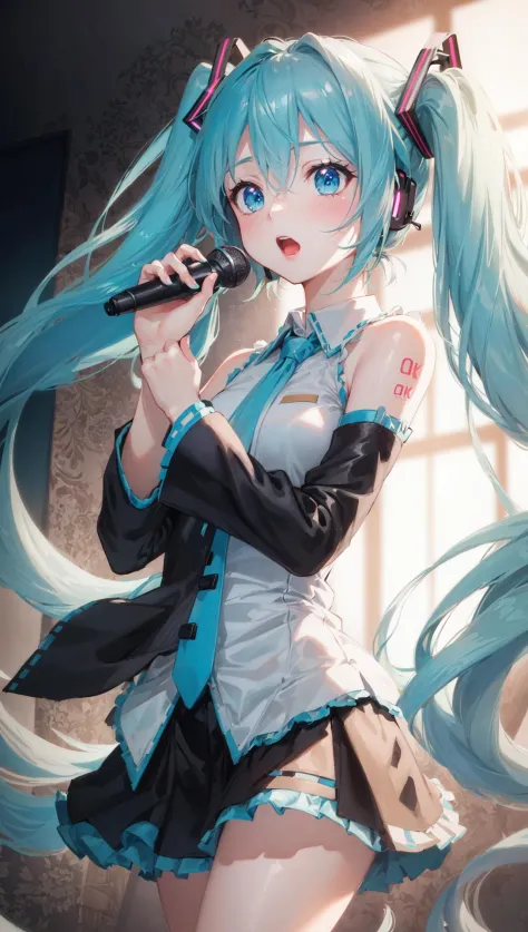 finely detail, Depth of field, (((masterpiece))), ((extremely detailed CG unity 8k wallpaper)), best quality, high resolution illustration, , Amazing, highres, intricate detail, (best illumination, best shadow, an extremely delicate and beautiful),
(((MIKU...