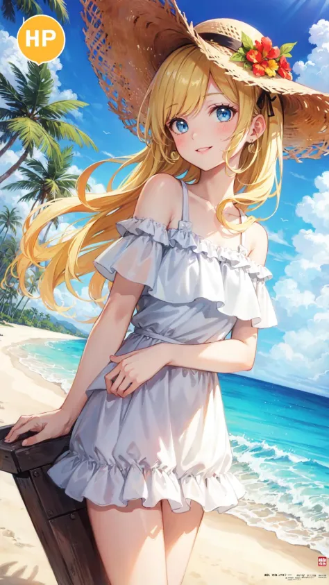 rococo style,(movie poster:1.2), soft lighting, (dramatic angle:1.25),(solo:1.4), (1girl),((blonde hair), long curly hair), blue eyes, (smile),beach straw hat, (off-shoulder shirt), hat flower ,(looking to the side:1.3), fantastic colorful, sea ,coconut tr...