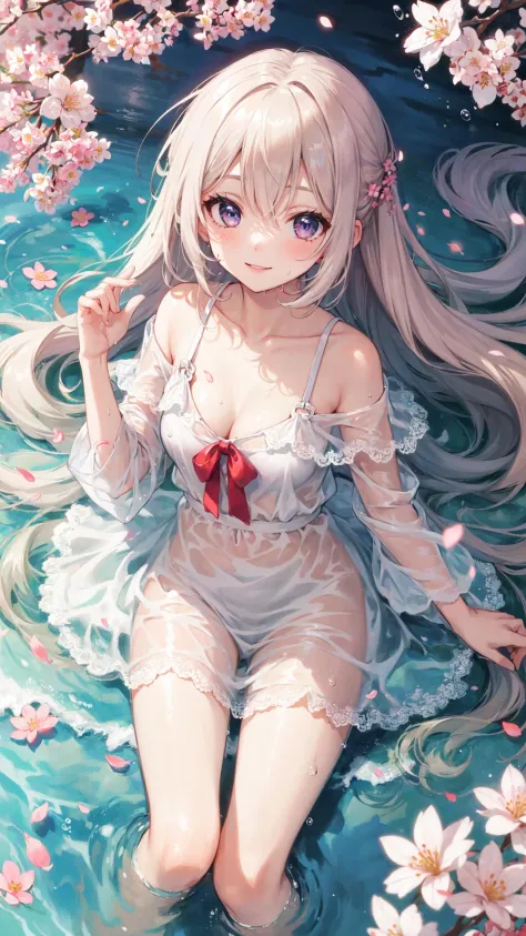 1girl, solo, ((liquid clothes)),\n(water), water drop, small breasts, see-through_dress,\ncherry blossoms,, falling petals, cleavage,  from above,\nshuimo, river, bare legs, light smile, (splashing),