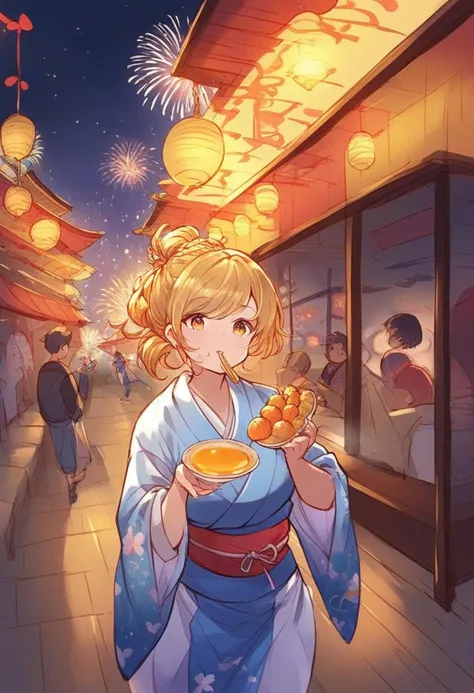 a woman in a kimono outfit holding a bowl of food