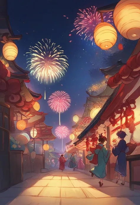 a cartoon picture of a street with lanterns and people walking down it