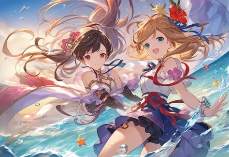 two anime girls in dresses are standing in the water