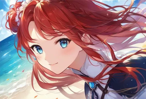 anime girl with red hair and blue eyes on the beach