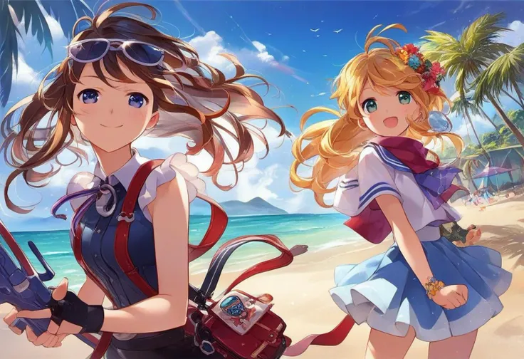 two anime girls in sailor uniforms holding guns on a beach