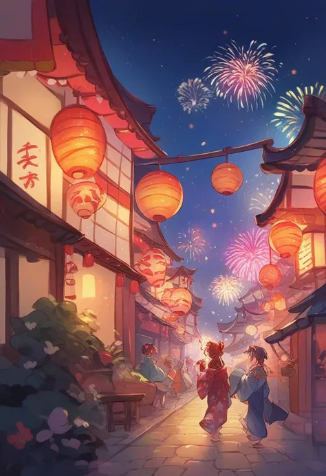 a couple of people walking down a street with lanterns