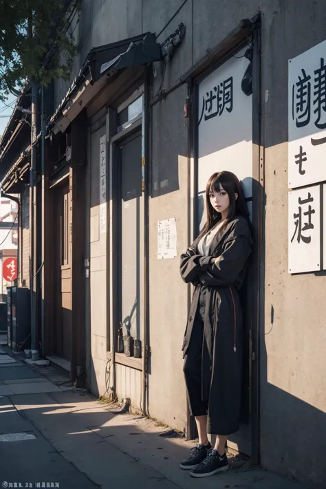 woman standing in front of a building with a sign on the side