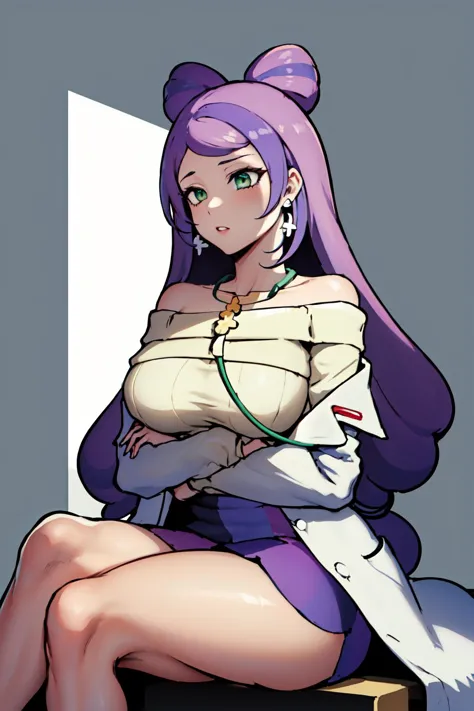 1girl, <lora:miriam-nvwls-v1:0.8> miriam, multicolored hair, green eyes, earrings, labcoat, stethoscope, sweater, purple skirt, ...