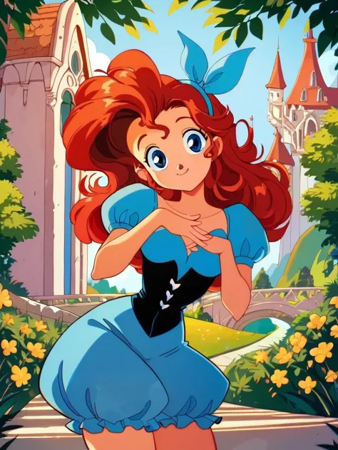 a cartoon image of a woman in a blue dress and a castle