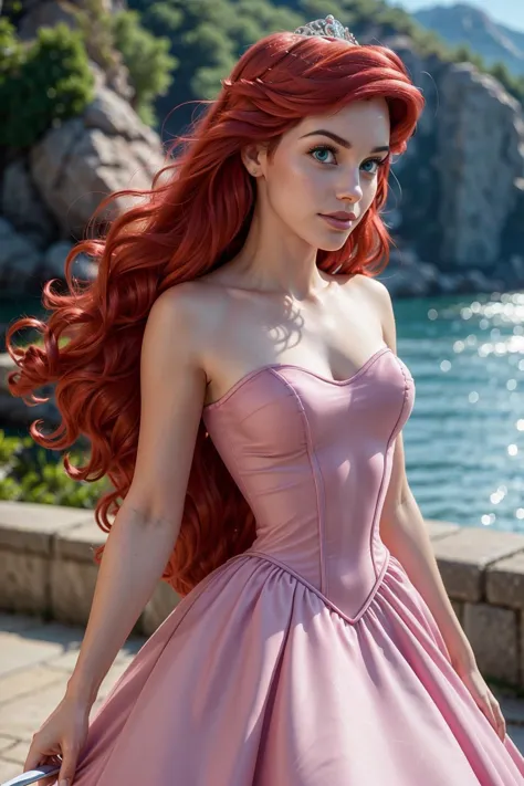 a woman with red hair and a pink dress posing for a picture