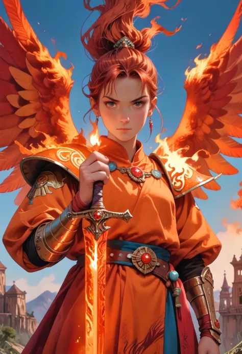 a woman with red hair and a sword in front of a castle