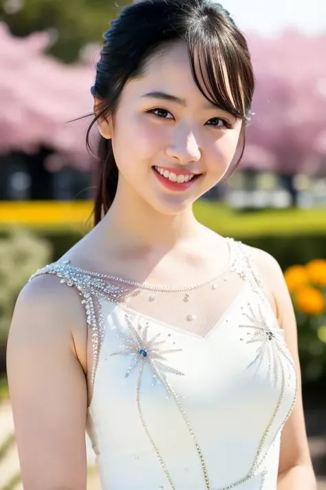 a close up of a woman in a white dress smiling