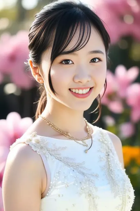 a close up of a woman in a white dress smiling