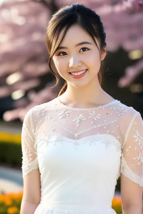 a woman in a white dress standing in front of a tree