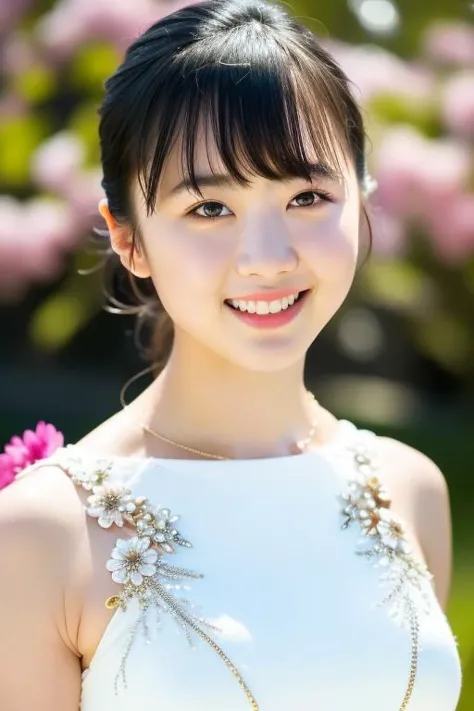 a close up of a woman in a white dress with flowers