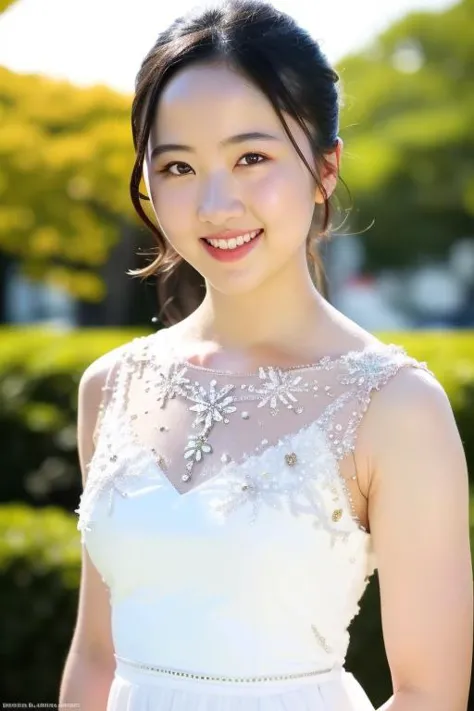 a woman in a white dress standing in front of a bush