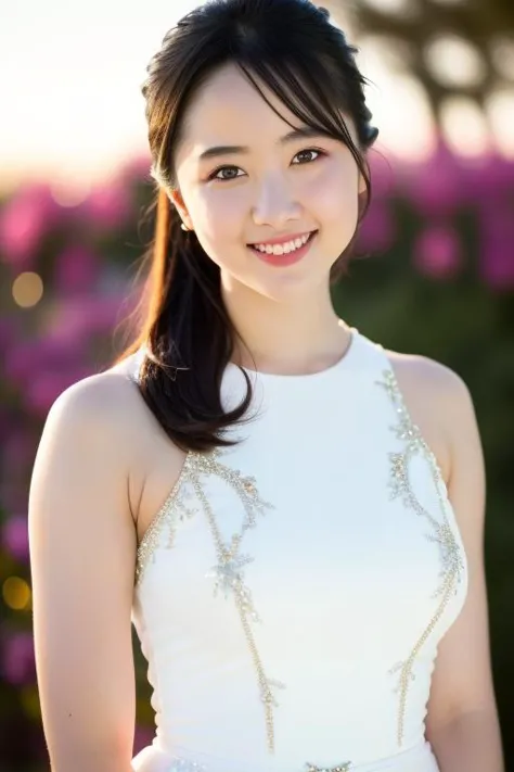 a woman in a white dress standing in front of a field of flowers