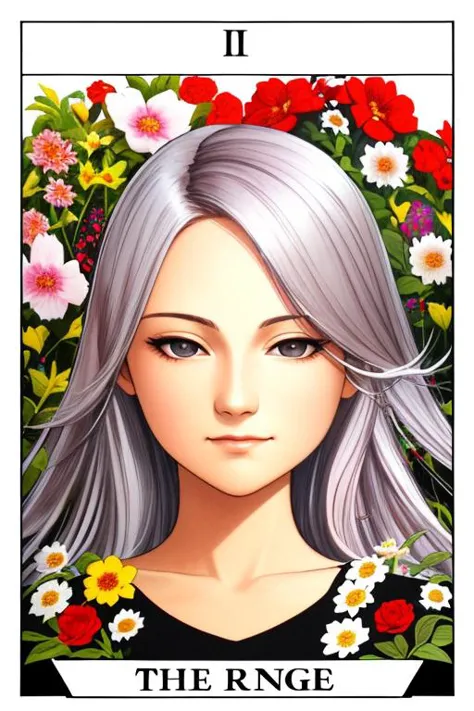 tarot card, (dynamic angle), (detailed face:1.1), (best quality:1.0), 1 female, 24yo, solo, silver long hair, flower garden, det...