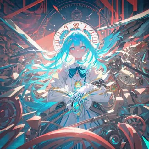 1 girl, full body,(blue and cyan hair), highlight,solo,(perfect face),from above,mechanical, delicate face,mechanical sword, arm...