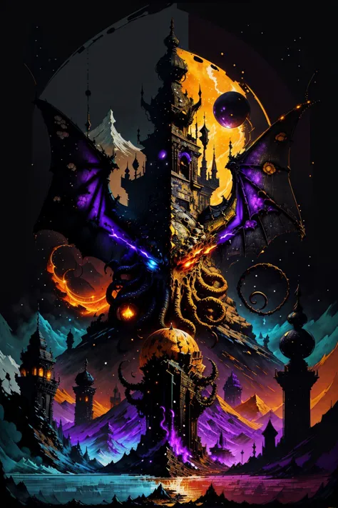 Cthulhu grasps the burning Earth, mountains shattered, the prison of stone broken, ([purple background:overlapping swirling colo...