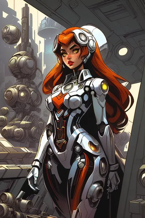 a close up of a woman in a futuristic suit standing on a platform