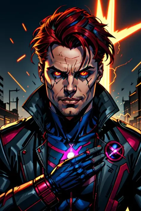 ZipFile Comi Style, 
portrait of 1boy gambit, solo, x-men, bodysuit, trench coat, electricity, long sleeves, looking at viewer, ...