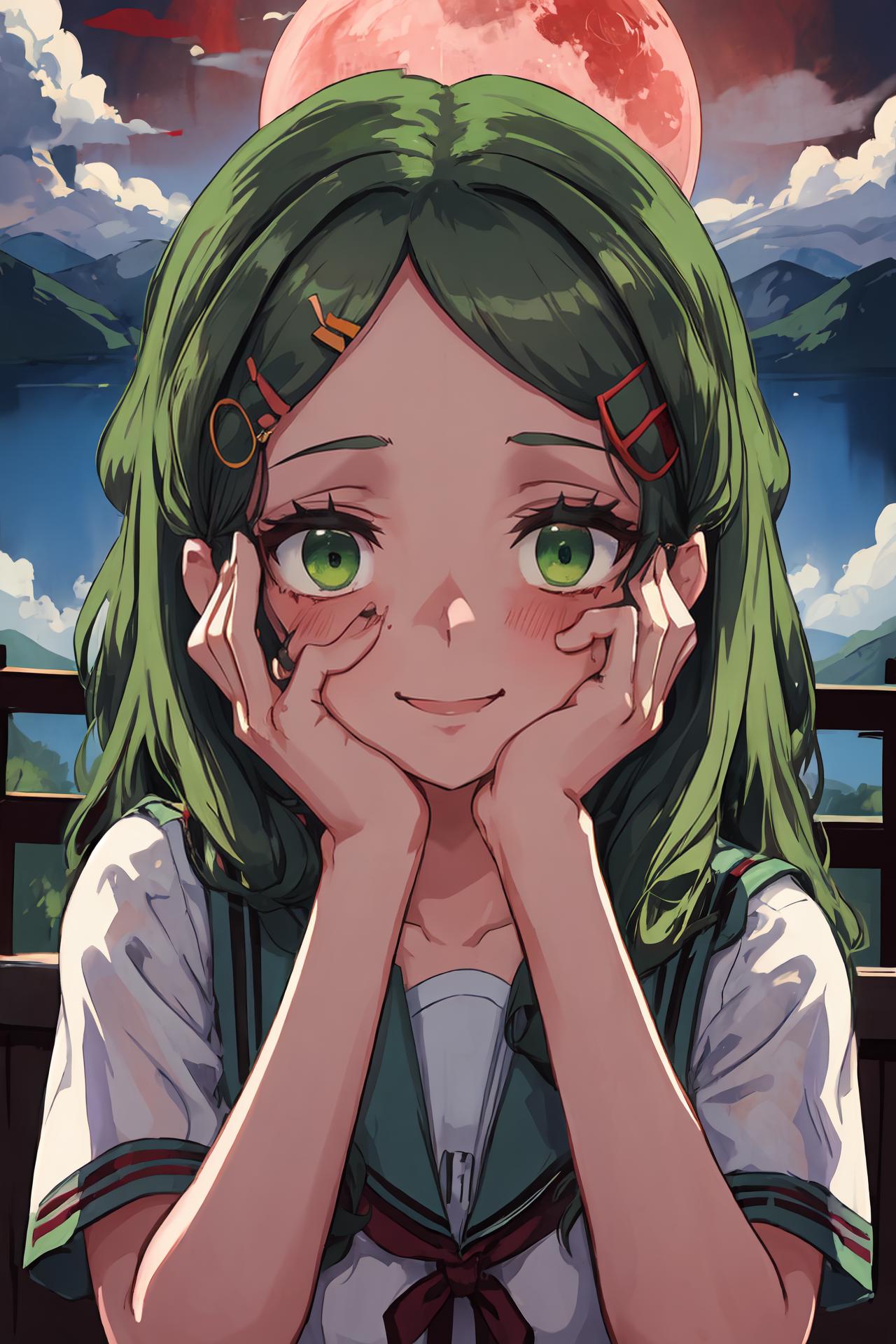 A girl with green hair and green eyes is sitting on a bench - SeaArt AI