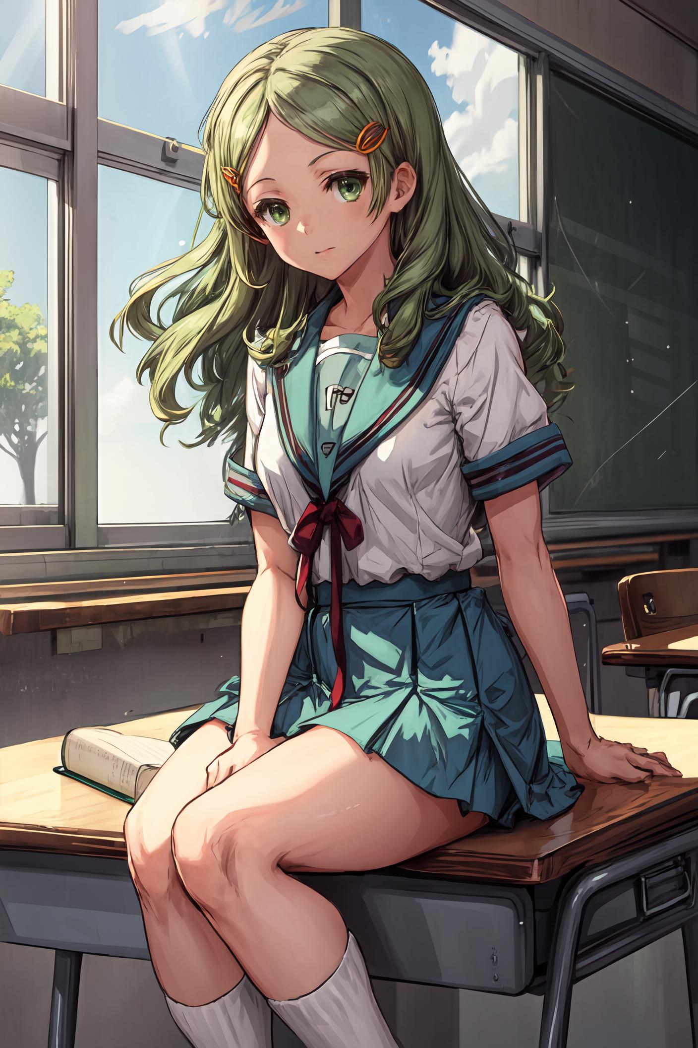 Anime girl sitting on a desk in a classroom with a book - SeaArt AI