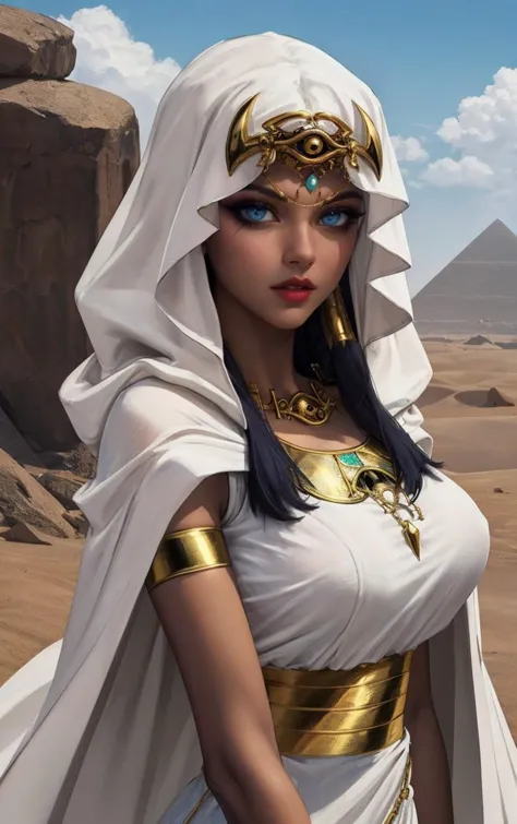 a woman in a white dress and gold jewelry standing in front of a desert