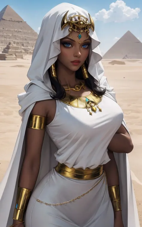 a woman in a white dress and gold jewelry standing in front of a pyramid